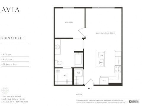 Floor plan for 1 bed, 1 bath, 658 sqft